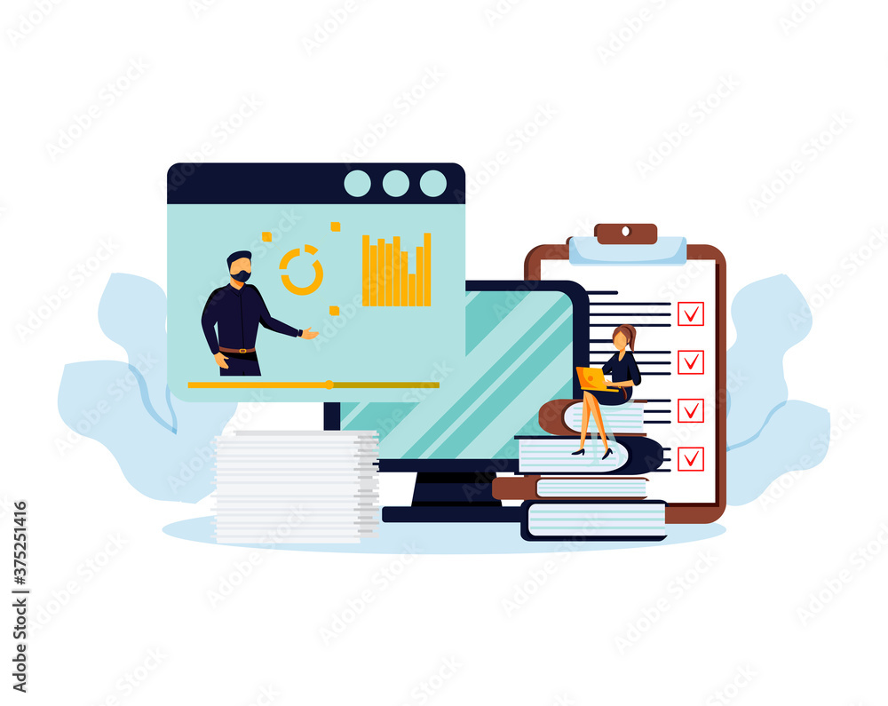 Obraz premium Girl student studying at home with her laptop with piles of books and pc on the background. E-learning, webinar, online video training, distance education concept. Modern vector illustration.
