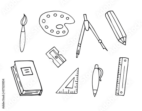 Vector set bundle of hand drawn doodle sketch school office chancellery on white background