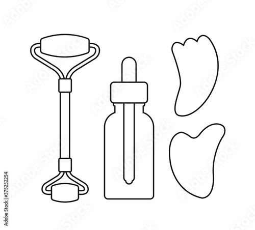 Vector set bundle of flat outline stone massage roller gua sha and oil bottle isolated on white background