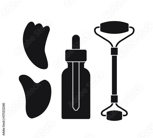 Vector set bundle of flat black stone massage roller gua sha and oil bottle isolated on white background