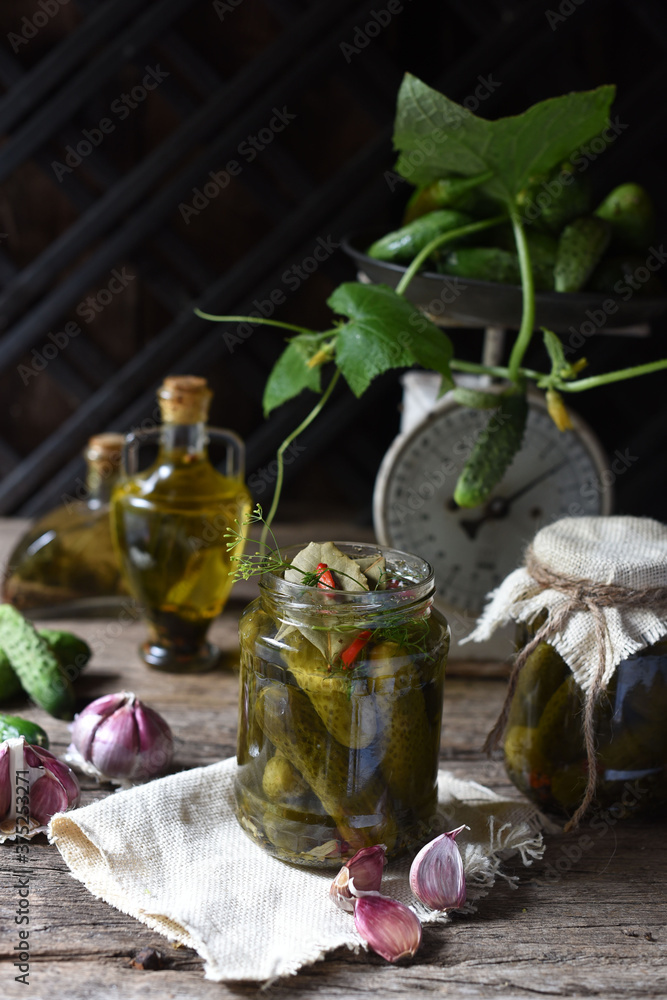 Salted cucumbers. Spices and herbs for making pickles on wooden background
Salted cucumbers. Spices and herbs for making pickles on wooden background