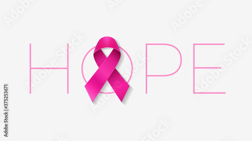 Breast Cancer Awareness pink ribbon and Hope word typography for Breast Cancer Awareness Month poster or banner design in October - vector illustration