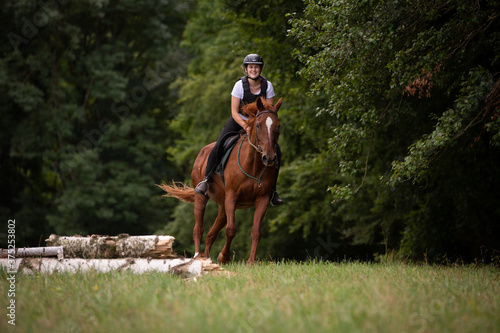 Mädchen springt mit Pferd ein Naturhindernis