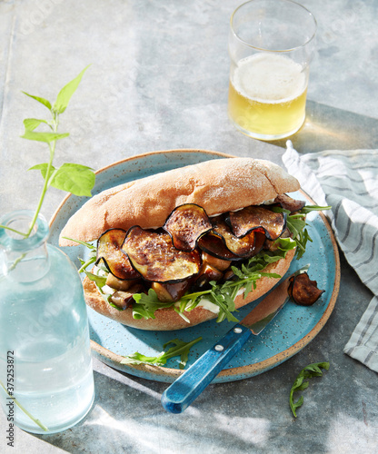 Close up of eggplant sandwich served on plate