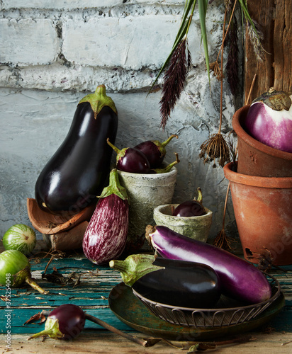 View of eggplants on table