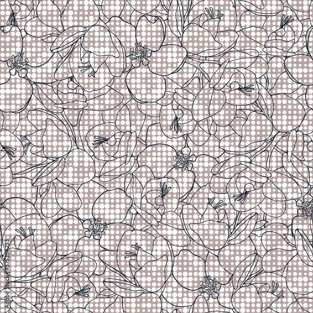 Fototapeta premium Freesia and apple flower seamless vector pattern. Romantic hand drawn line design on polka dot background. Elegant colour combination. Great for fashion fabrics and interior materials.
