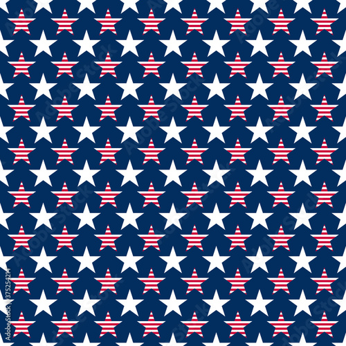Abstract seamless vector pattern with white five pointed stars and stars with red stripes on blue background. Independence day background. 4th July abstract geometric pattern.