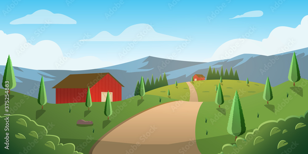 Fototapeta premium Illustration way to house in hill mountain background