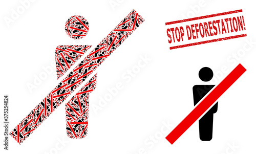 Recursion composition remove man and Stop Deforestation! unclean stamp seal. Vector mosaic is formed of repeating remove man elements.