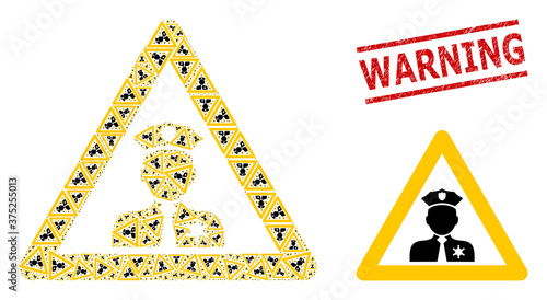 Recursion mosaic policeman warning and Warning grunge stamp print. Vector mosaic is formed from recursive policeman warning icons. Stamp includes Warning caption between parallel lines.