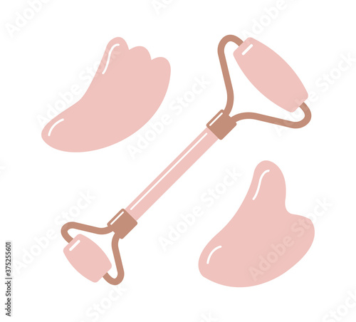 Vector set bundle of flat cartoon rose quartz face roller and gua sha isolated on white background