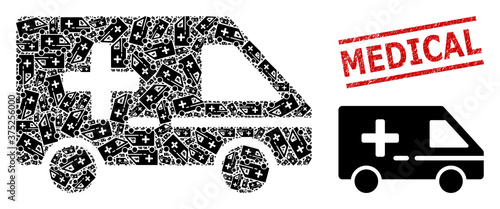 Bild auf Leinwand Recursive collage medical emergency car and Medical textured stamp seal