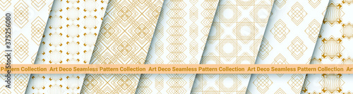 Art Deco Patterns Set. Golden seamless pattern on white backgrounds. Geometric decorative vector line design. 1920-30s motifs. Luxury vintage illustration