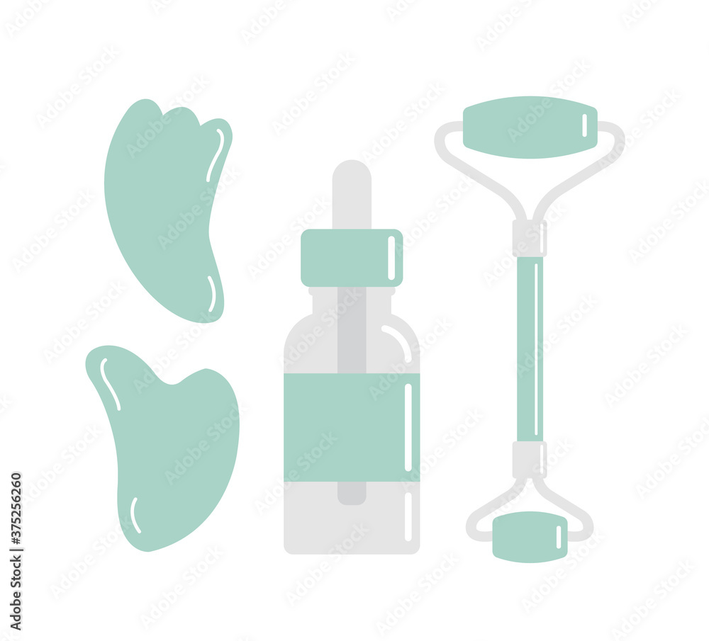 Vector set bundle of flat cartoon mint green massage roller gua sha and oil bottle isolated on white background Vector set bundle of flat cartoon mint green massage roller gua sha and oil bottle isolated on white background