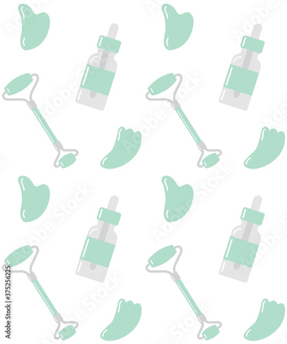 Vector seamless pattern of flat cartoon mint green stone massage roller gua sha and oil bottle isolated on white background