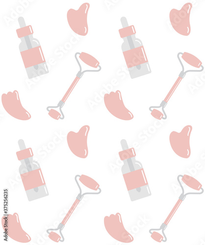 Vector seamless pattern of flat cartoon rose quartz massage roller gua sha and oil bottle isolated on white background