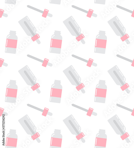 Vector seamless pattern of flat cartoon essence oil bottle isolated on white background