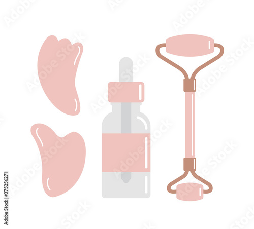 Vector set bundle of flat cartoon rose quartz massage roller gua sha and oil bottle isolated on white background
