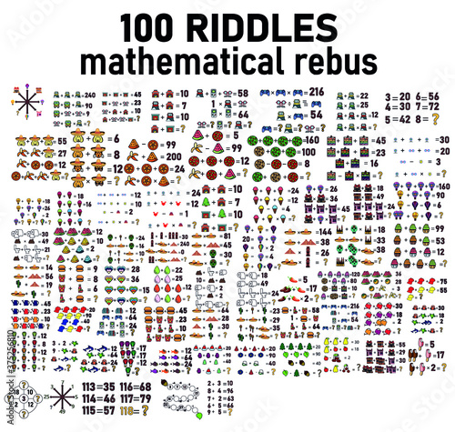 Set of riddle.Mathematical puzzles. rebus for children and adults. count numbers. Mathematic riddle for the mind. Riddle with numbers. Vector photo