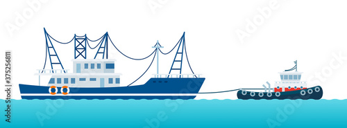 Fishing boat being pulled by a tugboat on the waves vector illustration in a flat design.
