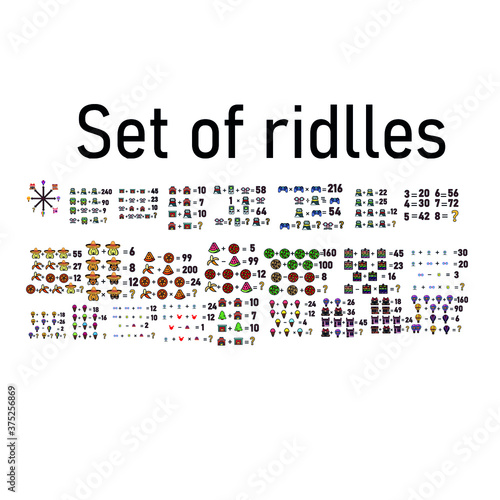 Set of riddles.Counting games for kids and adults. Educational math game. Result. Crossword for social networks. Rebus. Mathematic riddle for the mind. Riddle with numbers. Vector