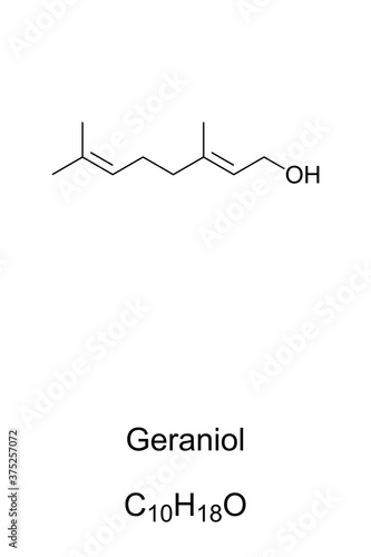Geraniol, chemical structure. Primary component of rose oil and citronella oil. Common additive in perfume and cosmetic industry as aroma substance. Skeletal formula. Illustration over white. Vector.