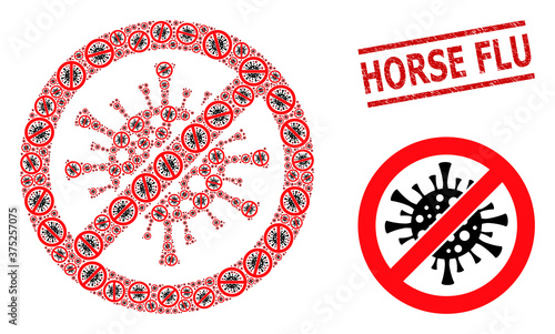 Fractal collage stop coronavirus and Horse Flu rubber stamp print. Vector collage is done with recursive stop coronavirus icons. Stamp seal includes Horse Flu title between parallel lines.