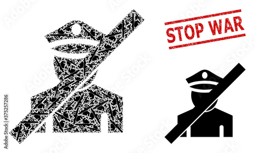 Recursion mosaic frorbidden police and Stop War rubber stamp imitation. Vector mosaic is formed of repeating frorbidden police parts. Stamp seal includes Stop War tag between parallel lines.
