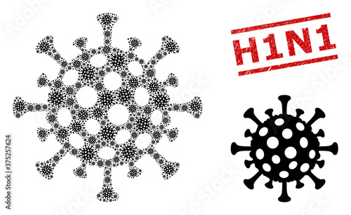 Recursive composition flu virus and H1N1 rubber stamp seal. Vector mosaic is done with recursive flu virus items. Stamp seal includes H1N1 text between parallel lines.