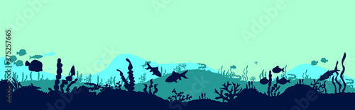 Underwater ocean scene. Silhouette of fish and algae on the background of reefs. a beautiful underwater scene; a vector seascape with reef.