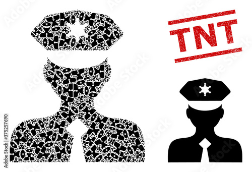 Recursive combination police officer and TNT corroded stamp seal. Vector collage is done from scattered police officer elements. Stamp seal includes TNT caption between parallel lines.