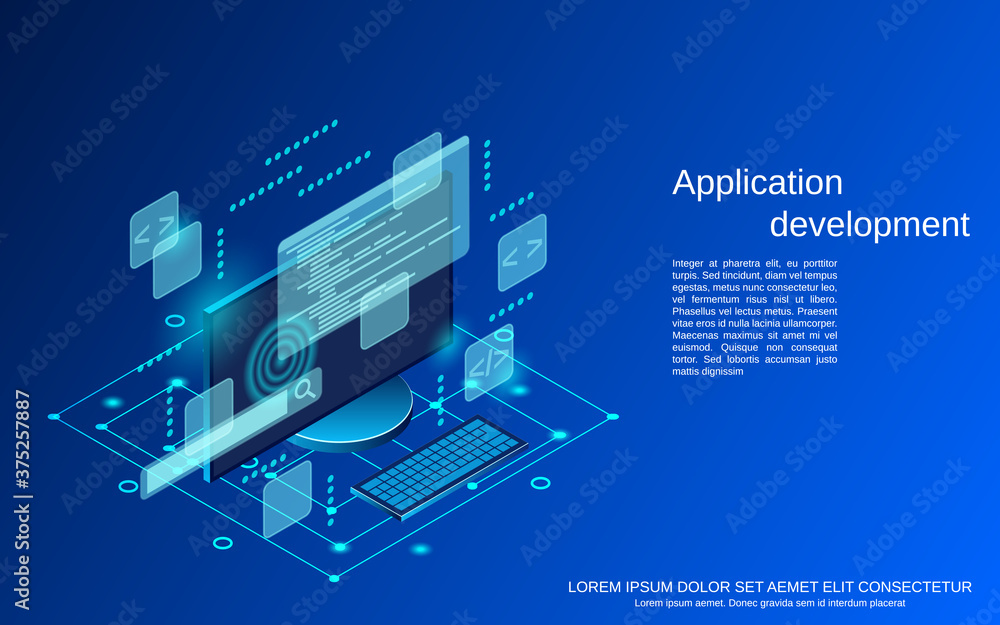 Application development, program coding flat 3d isometric vector concept illustration Application development, program coding flat 3d isometric vector concept illustration