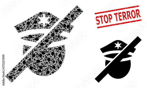 Fractal collage restricted police and Stop Terror unclean stamp print. Vector collage is made from recursive restricted police icons. Stamp seal includes Stop Terror caption between parallel lines.