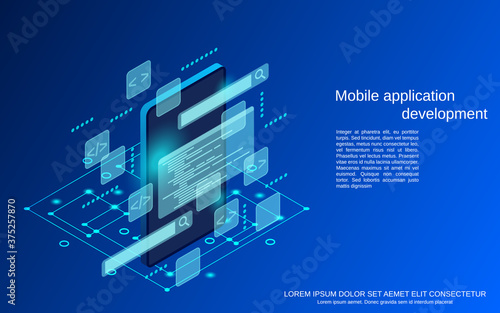 Mobile application development, program coding flat 3d isometric vector concept illustration