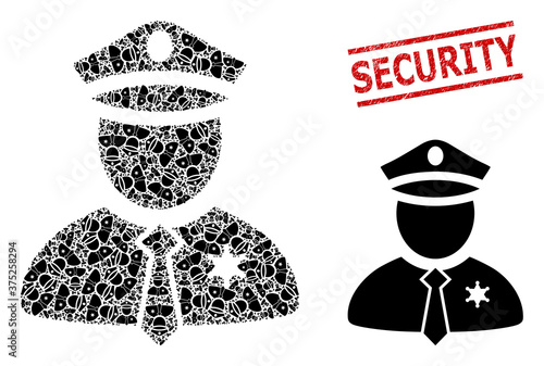 Recursive combination police guy and Security textured stamp seal. Vector mosaic is composed from random police guy items. Stamp seal includes Security caption between parallel lines.