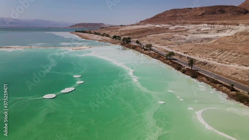 view from the beach. Dead sea salt shore