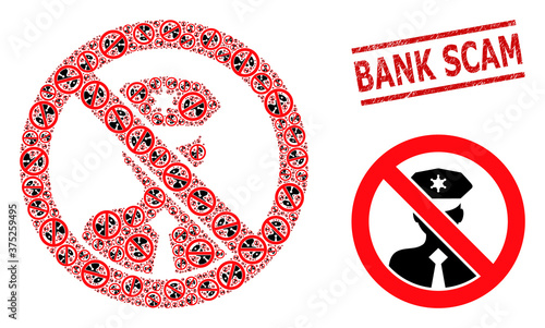 Fractal combination stop policeman and Bank Scam rubber stamp seal. Vector collage is created from repeating stop policeman elements. Stamp seal includes Bank Scam text between parallel lines.