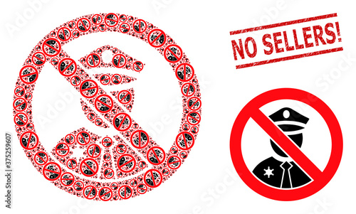 Recursive mosaic forbiden police and No Sellers! rubber stamp print. Vector mosaic is made of scattered forbiden police items. Stamp seal includes No Sellers! tag between parallel lines.