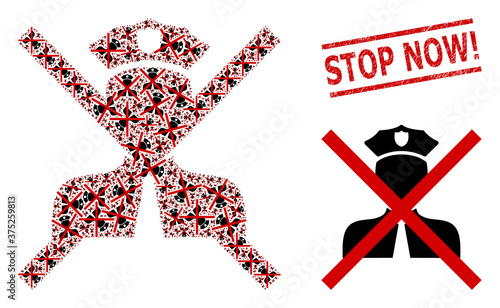 Recursive mosaic cancel policeman and Stop Now! unclean stamp. Vector collage is done with recursive cancel policeman elements. Stamp seal includes Stop Now! caption between parallel lines.