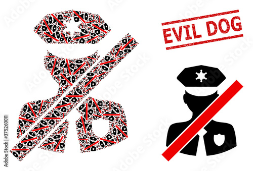 Recursive mosaic closed police patrol and Evil Dog unclean stamp seal. Vector mosaic is formed with recursive closed police patrol elements. Stamp includes Evil Dog title between parallel lines.