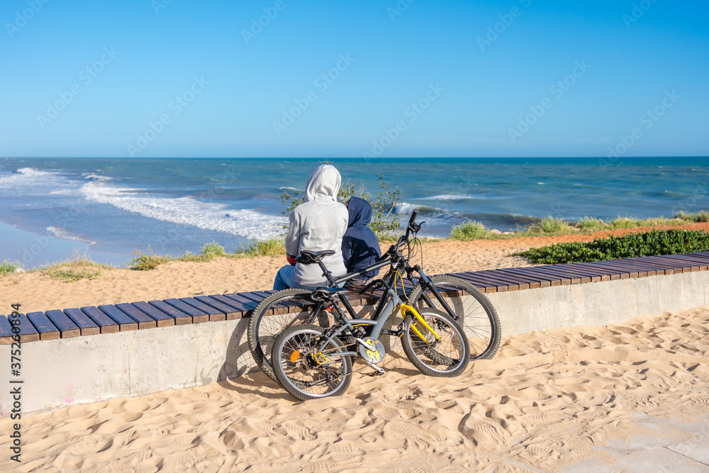 Fototapeta premium Back view of family looking at the beach, tourists use bicycles. Sunny blue sky outdoors background. Ecotourism activity concept.