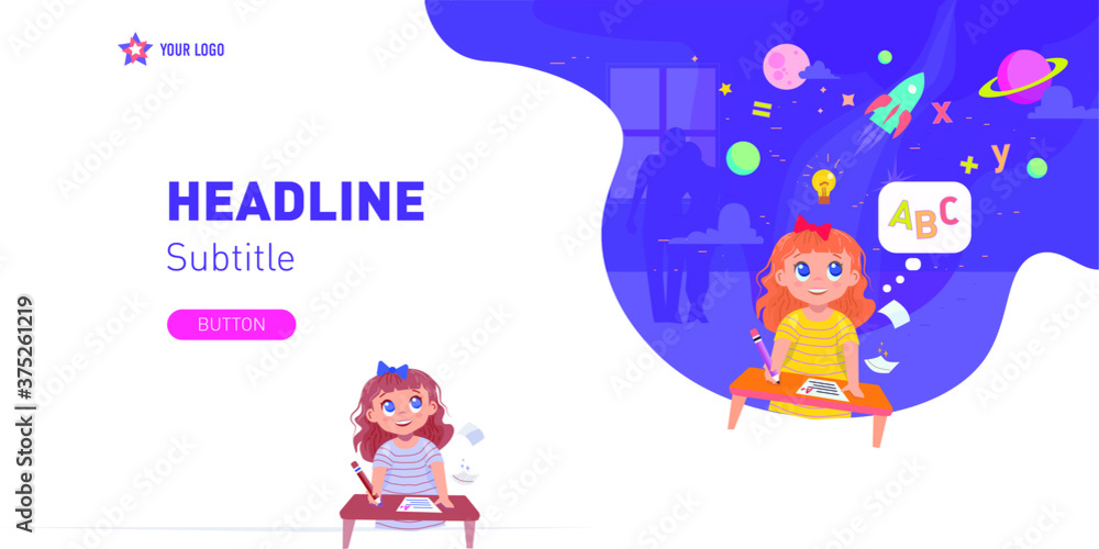 Fototapeta premium Little girl get good mark at school and she happy about it. Also you can see happy parents silhouette at background. Space themed, knowledge signs and modern color palette. Flat art for web design
