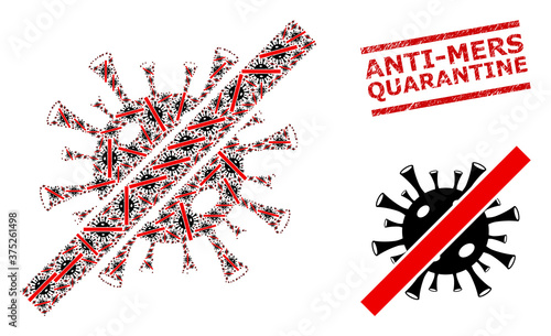 Recursive mosaic forbidden coronavirus and Anti-Mers Quarantine scratched seal. Vector mosaic is created with recursive forbidden coronavirus icons.