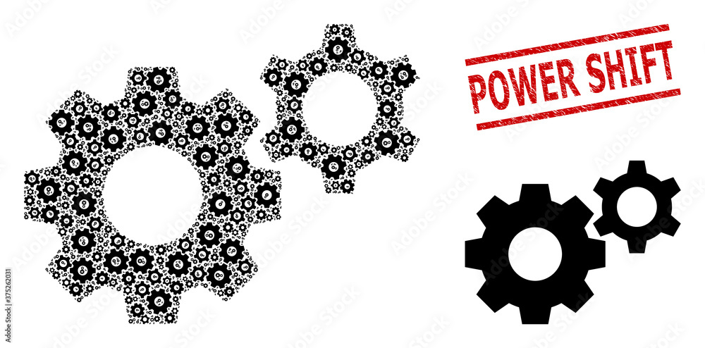 Recursive composition gears and Power Shift scratched stamp imitation. Vector mosaic is formed with recursive gears parts. Stamp seal includes Power Shift caption between parallel lines. Recursive composition gears and Power Shift scratched stamp imitation. Vector mosaic is formed with recursive gears parts. Stamp seal includes Power Shift caption between parallel lines.
