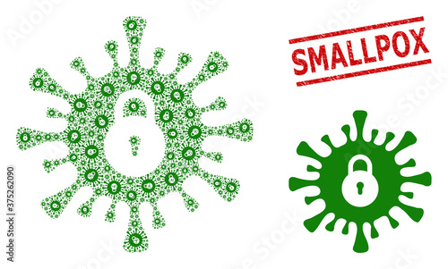 Fractal mosaic infection lockdown and Smallpox rubber stamp seal. Vector mosaic is made from scattered infection lockdown icons. Stamp seal includes Smallpox title between parallel lines.