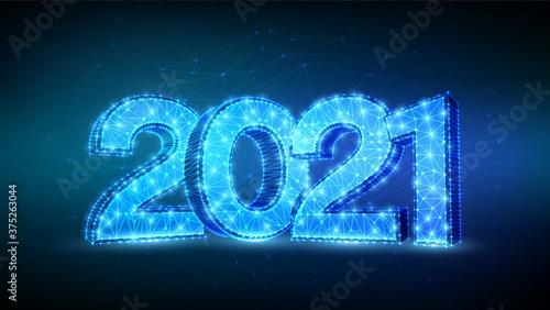 2021 Numbers. Happy New Year 2021 banner design. Geometric low poly 2021 new year greeting card. 3D polygonal vector illustration.