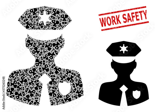 Recursive collage constable and Work Safety textured stamp imitation. Vector collage is formed with randomized constable elements. Stamp seal includes Work Safety title between parallel lines.
