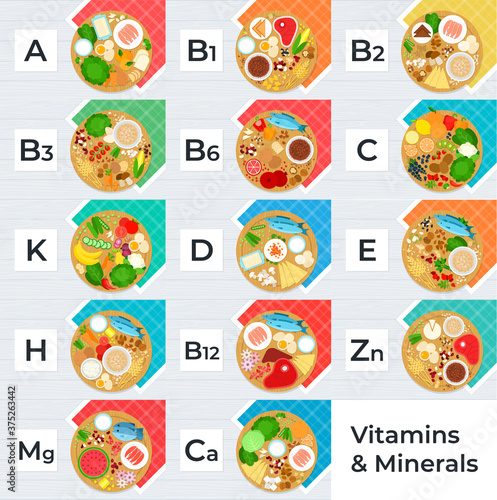 Image with vitamins and minerals that different foods contain vector flat icon isolated