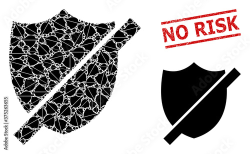 Recursion collage stop shield and No Risk textured stamp print. Vector collage is made with recursive stop shield icons. Stamp includes No Risk caption between parallel lines.