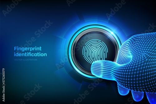 Fingerprint scan provides security access with biometrics identification. Closeup finger about to press a button. Fingerprint scanning verification system. Technology safety concept. Vector. EPS10.